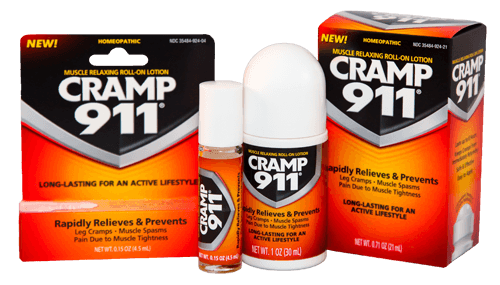 A product display of Cramp 911 muscle-relaxing roll-on lotions and packaging