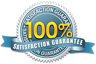 Satisfaction Guarantee badge in blue and silver badge displaying bold '100%' yellow text