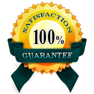 A gold 100% Satisfaction Guarantee badge with a teal ribbon