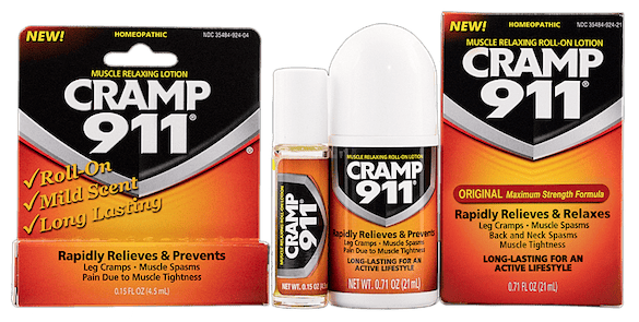 Cramp 911 roll-on products designed to relieve and prevent muscle cramps and spasms