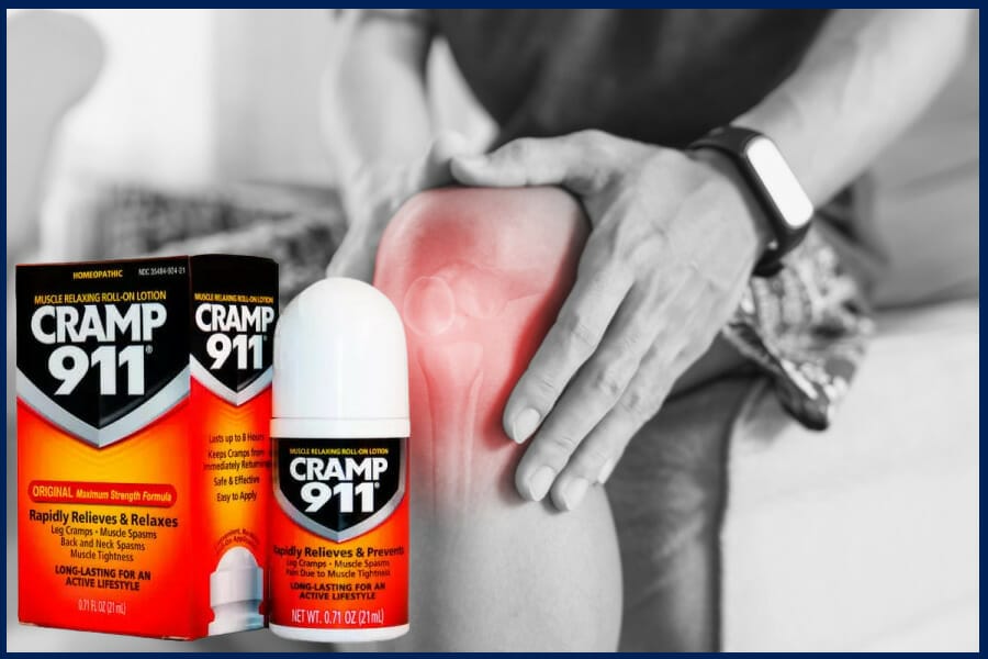 Image of a man experiencing a leg cramp and a product photo of cramp 911 for muscle relief solution to his leg in an attempt to alleviate discomfort and pain