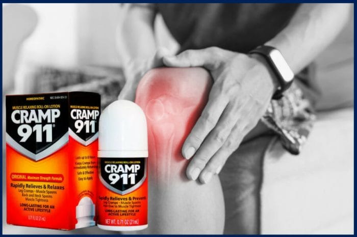 Image of a man experiencing a leg cramp and a product photo of cramp 911 for muscle relief solution to his leg in an attempt to alleviate discomfort and pain