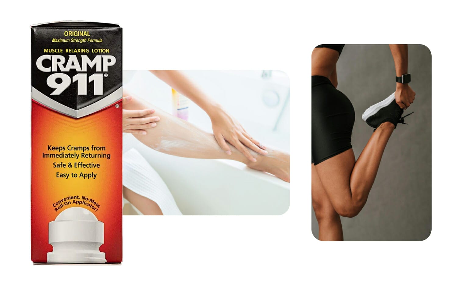 Cramp 911 muscle relaxing lotion package beside images of lotion being applied to a leg and an athlete stretching, promoting fast muscle cramp relief.