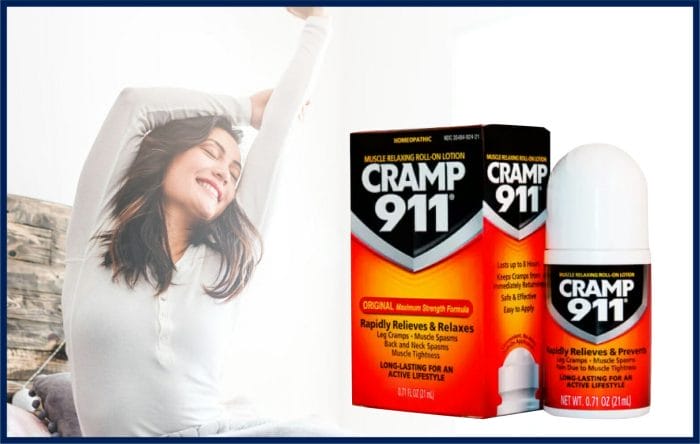 woman feeling relief with cramp 911 box and roll-on product