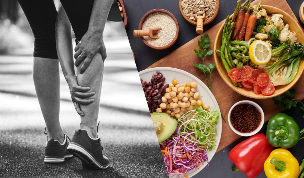 Split image showing a runner clutching a sore calf on the left and a colorful spread of healthy vegetables, grains, and legumes on the right—linking pain relief to nutrition.