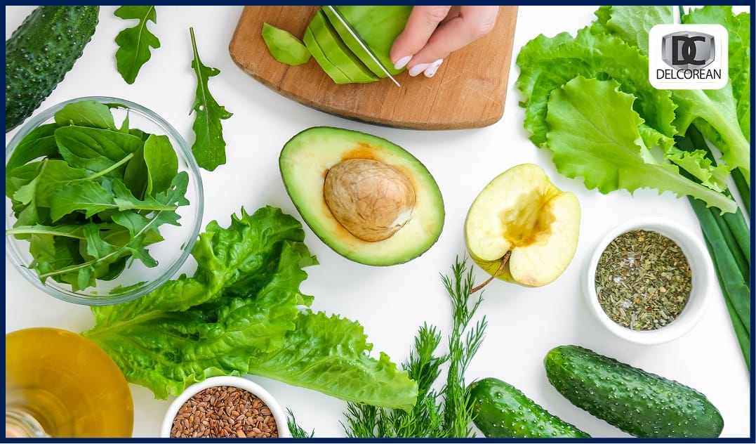 Magnesium-rich foods on a table including spinach, avocado, nuts, and seeds