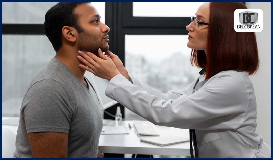 doctor checking patient's throat for signs of soreness or infection in a clinical setting.