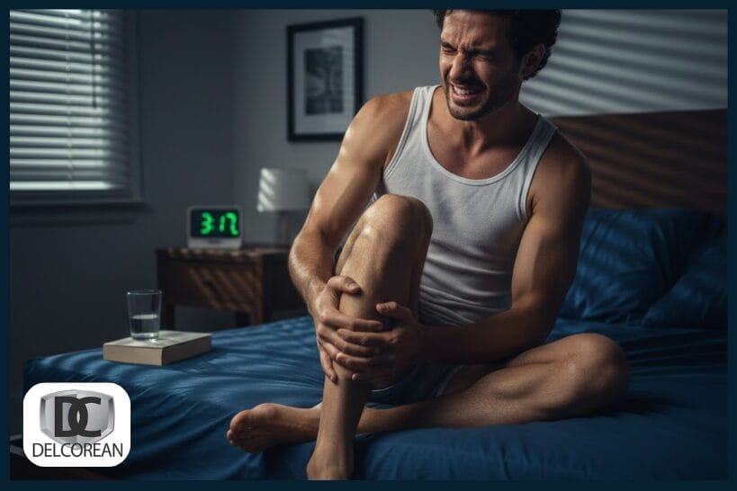 Man sitting on a bed at night clutching his knee in pain, grimacing, with a digital clock showing 3:17 in the background.